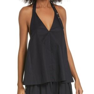 Tibi NEW Tech Poplin Halter Top Black V-Neck Snap Neck Size 4 Black